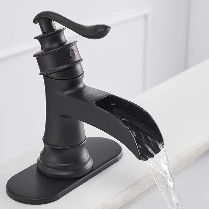 BATHFINESSE Waterfall Bathroom Sink Faucet Black Bathroom Faucet 1 Hole with Pop Up Drain Stopper Supply Hose, Matte Black - Image 2
